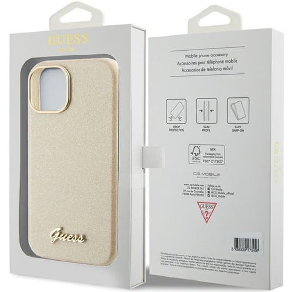 Guess iPhone 15 Mobilskal Glitter Glossy Script - Guld