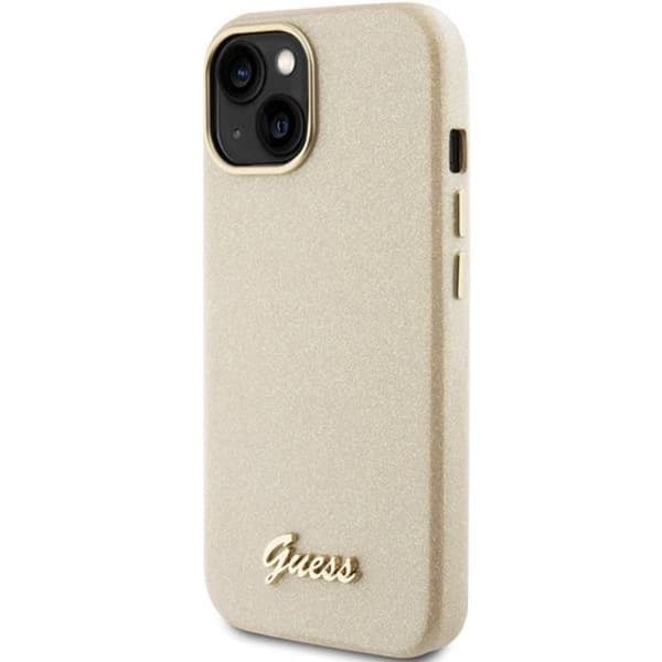 Guess iPhone 15 Mobilskal Glitter Glossy Script - Guld