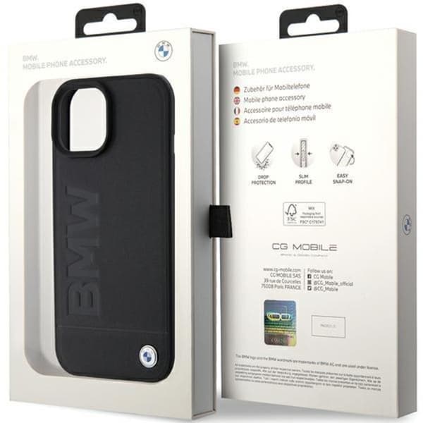 BMW iPhone 15 Plus Mobilskal Läder Hot Stamp - Svart
