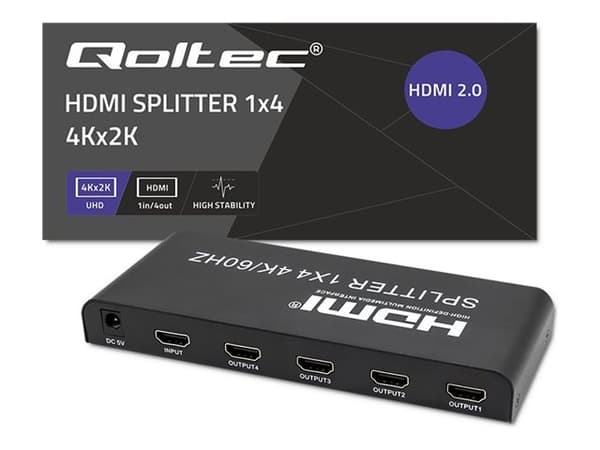 Qoltec - Video/audiosplitter - aktiv, hög stabilitet - 4 x HDMI - skrivbordsmodell - DC