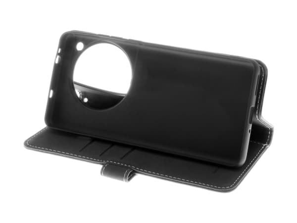 Insmat Exclusive - Vikbart fodral för mobiltelefon - genuint läder, termoplastisk polyuretan (TPU), kartong+papper+aluminiumfolie - svart - för OnePl