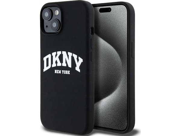 DKNY DKHMP15SSNYACH iPhone 15 / 14 / 13 6.1" svart hardcase Flytende silikon Hvit trykt logo MagSa