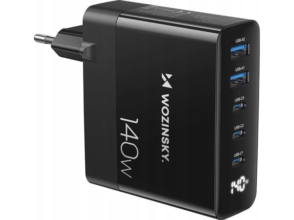 Wozinsky lader Wozinsky CGWCB 140W GaN vegglader 3 x USB-C / 2 x USB-A - svart