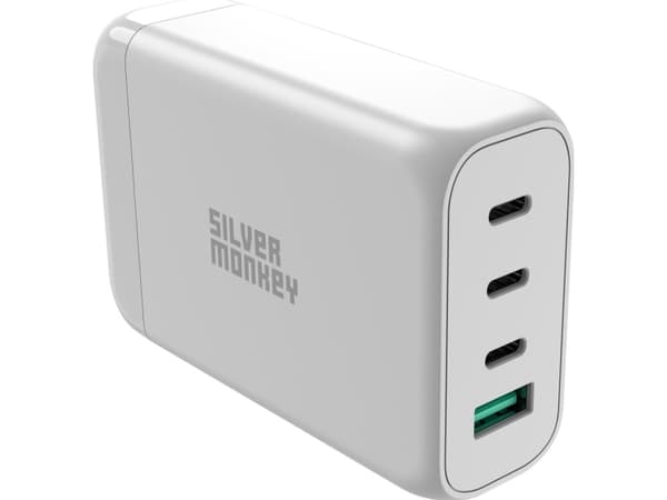 Silver Monkey GaN-laturi Silver Monkey SMA152 130W 3xUSB-C PD USB-A QC 3.0 irrotettavalla virtajohdolla - valkoinen