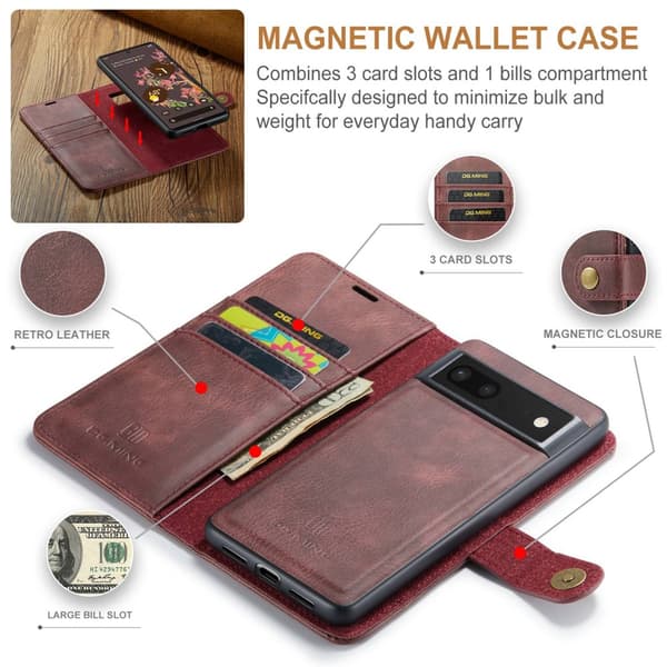 DG.MING 2-in-1 Magnet Wallet Google Pixel 7 Red
