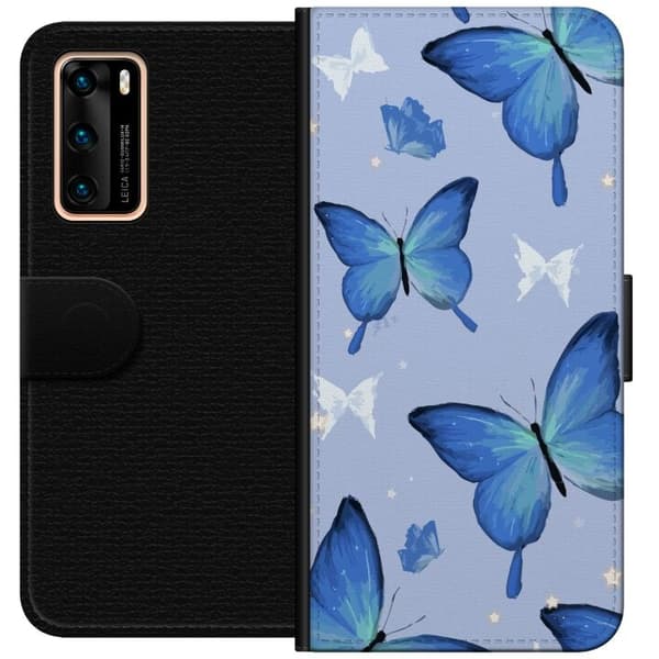 Lompakkokotelo Huawei P40-laitteelle, jossa on Sinisiä perhosia kuvio