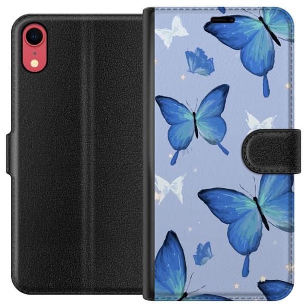 Lompakkokotelo Apple iPhone XR-laitteelle, jossa on Sinisiä perhosia kuvio