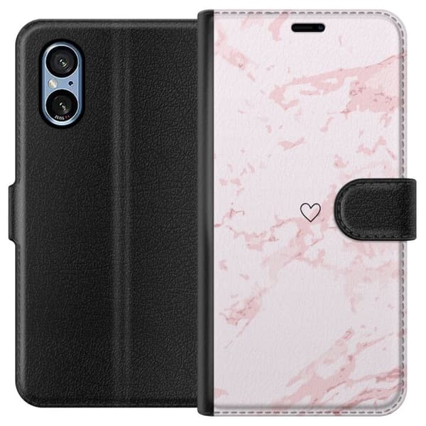 Lompakkokotelo Sony Xperia 5 V-laitteelle, jossa on Roosa Sydän kuvio