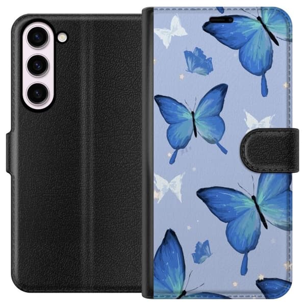 Lompakkokotelo Samsung Galaxy S23+-laitteelle, jossa on Sinisiä perhosia kuvio