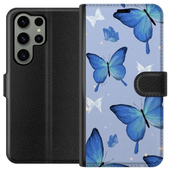 Tegnebogsetui til Samsung Galaxy S23 Ultra med Blå sommerfugle motiv