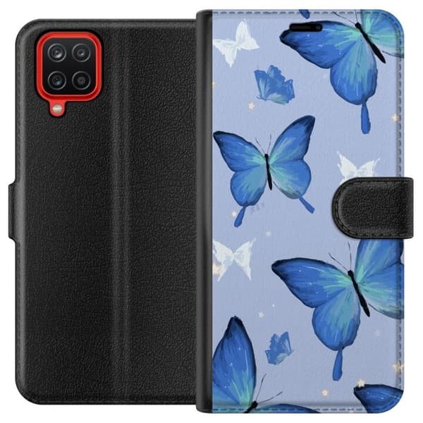 Lompakkokotelo Samsung Galaxy A12-laitteelle, jossa on Sinisiä perhosia kuvio
