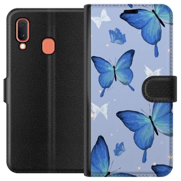 Plånboksfodral till Samsung Galaxy A20e med Blå fjärillar motiv