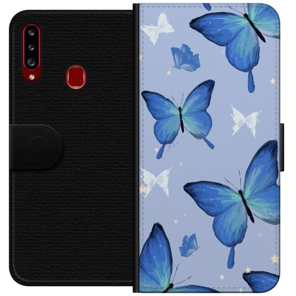 Tegnebogsetui til Samsung Galaxy A20s med Blå sommerfugle motiv