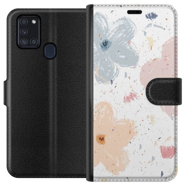 Lompakkokotelo Samsung Galaxy A21s-laitteelle, jossa on Kukat kuvio