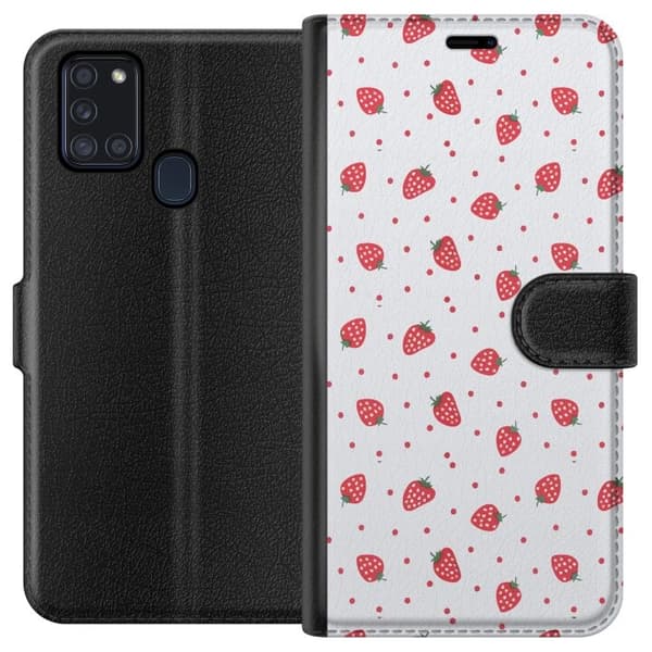 Plånboksfodral till Samsung Galaxy A21s med Jordgubbar motiv