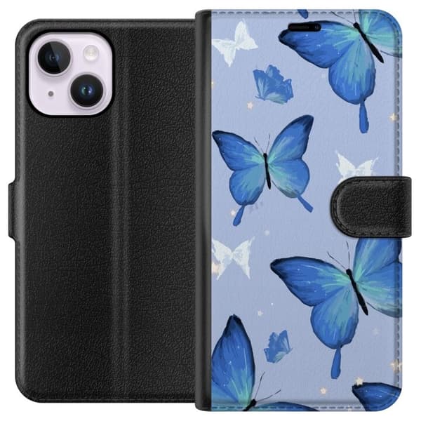 Lommeboketui til Apple iPhone 14 Plus med Blå sommerfugler motiv