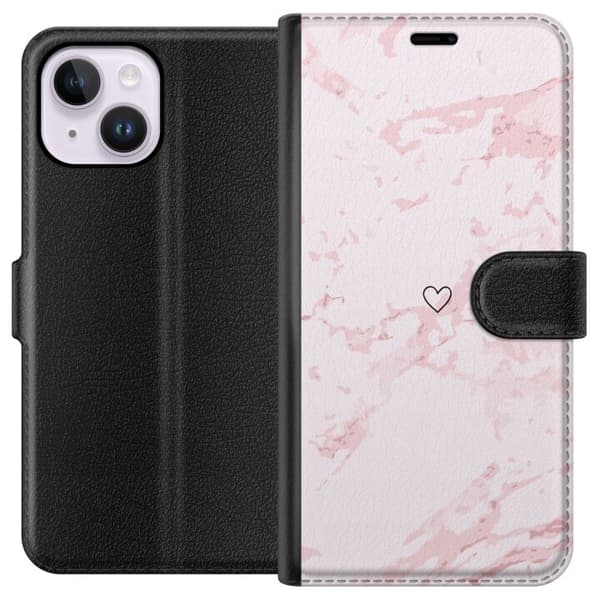 Lompakkokotelo Apple iPhone 14 Plus-laitteelle, jossa on Roosa Sydän kuvio