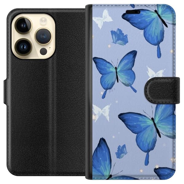 Lompakkokotelo Apple iPhone 15 Pro-laitteelle, jossa on Sinisiä perhosia kuvio