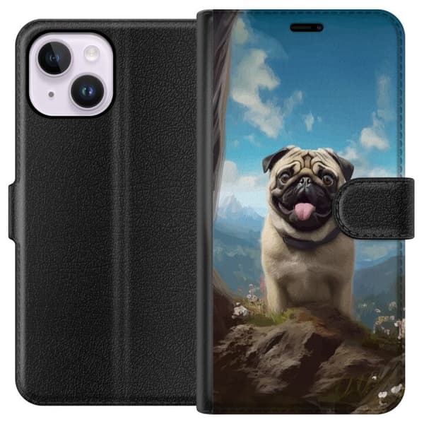 Lompakkokotelo Apple iPhone 15 Plus-laitteelle, jossa on Iloinen Koira kuvio