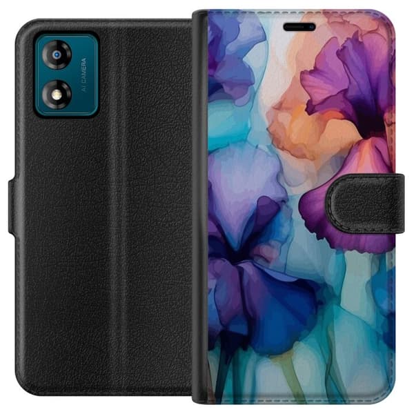 Lompakkokotelo Motorola Moto E13-laitteelle, jossa on Maagiset kukat kuvio