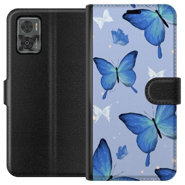 Lompakkokotelo Motorola Moto E22i-laitteelle, jossa on Sinisiä perhosia kuvio