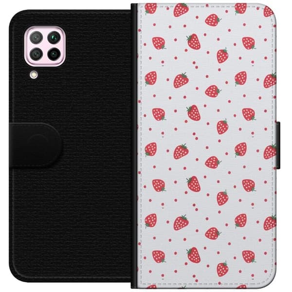 Lompakkokotelo Huawei P40 lite-laitteelle, jossa on Mansikat kuvio