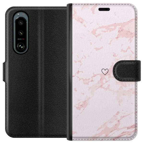 Lompakkokotelo Sony Xperia 5 III-laitteelle, jossa on Roosa Sydän kuvio