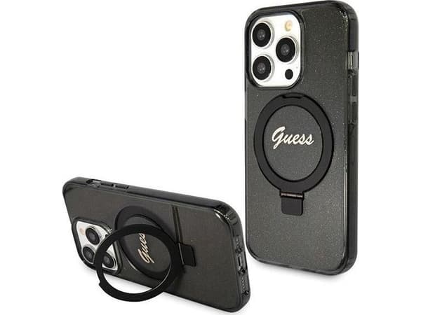 Guess GUHMP13XHRSGSK iPhone 13 Pro Max 6,7" svart deksel Ring Stand Script Glitter MagSafe