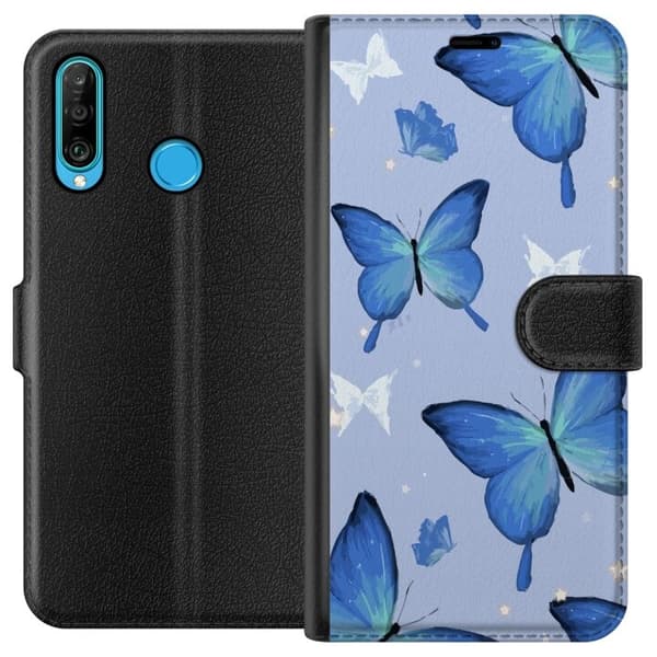 Lommeboketui til Huawei P30 lite med Blå sommerfugler motiv