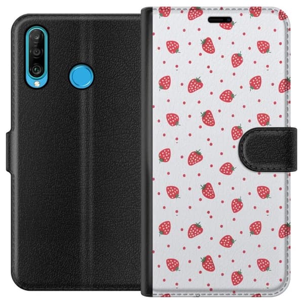 Lompakkokotelo Huawei P30 lite-laitteelle, jossa on Mansikat kuvio