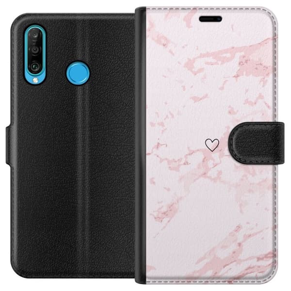 Tegnebogsetui til Huawei P30 lite med Rosa Hjerte motiv
