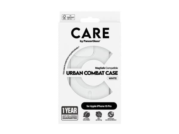 PanzerGlass CARE by ® Flagship Case Transparent Urban Combat w. White MagSafe iPhone 15 Pro, Cover, Apple, Apple - iPhone 15 Pro, 15.5 cm (6.12"), Tr