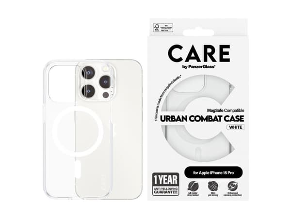PanzerGlass CARE by ® Flagship Case Transparent Urban Combat w. White MagSafe iPhone 15 Pro, Cover, Apple, Apple - iPhone 15 Pro, 15.5 cm (6.12"), Tr