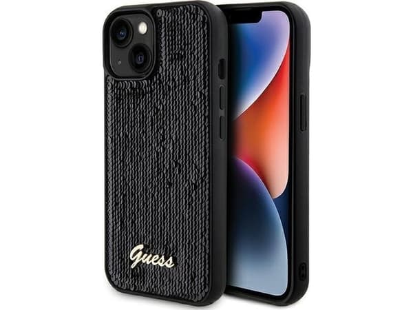 Apple iPhone 13 / 14 / 15 Guess dėklas Sequin Script Metal (GUHCP14SPSFDGSK) juodos spalvos