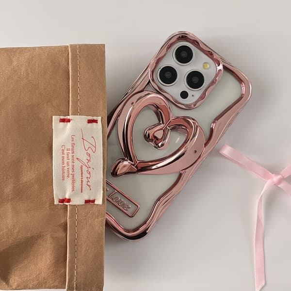 For iPhone 15 Pro Cover Love Heart Kickstand TPU Electroplated Clear Cell Phone Case - Pink