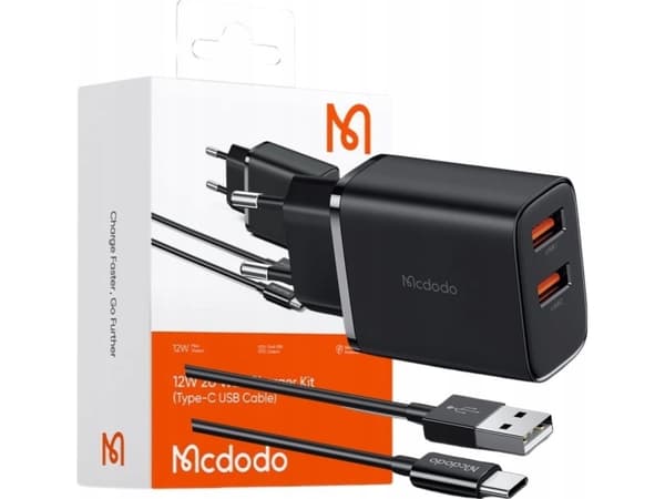 Mcdodo CH-5072 USB-A*2 vegglader, 12W + USB-A til USB-C-kabel (svart)