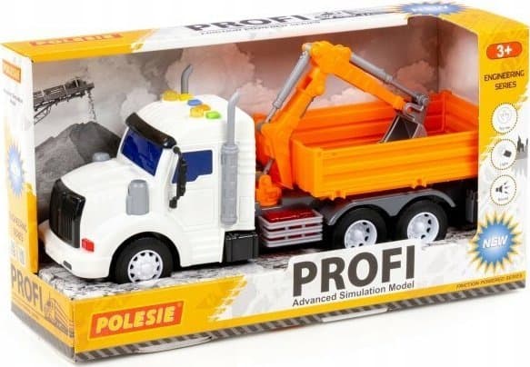 Polesie 96128 "Profi", inertia sivuvaunu kaivinkoneella, valolla ja äänellä, oranssi laatikossaan