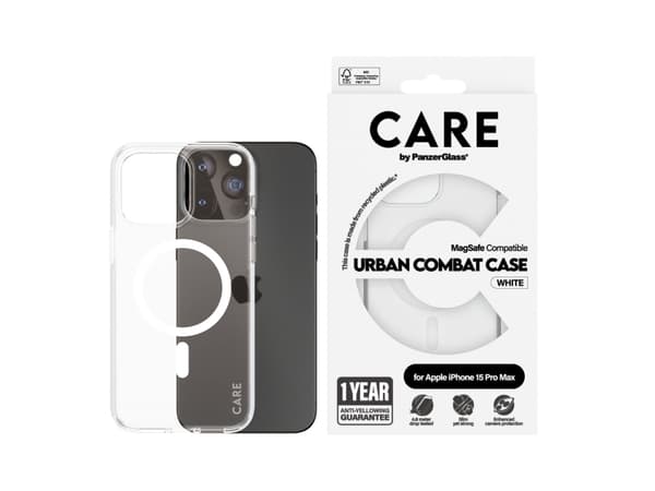 PanzerGlass CARE by ® Flagship Case Transparent Urban Combat w. White MagSafe iPhone 15 Pro Max, Cover, Apple, Apple - iPhone 15 Pro Max, 17 cm (6.7"