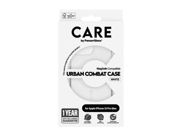 PanzerGlass CARE by ® Flagship Case Transparent Urban Combat w. White MagSafe iPhone 15 Pro Max, Cover, Apple, Apple - iPhone 15 Pro Max, 17 cm (6.7"