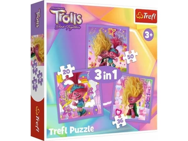 Trefl Puzzle 3w1 Poznaj wesołe Trolle Trolls 3 34870 Trefl 3 34870 Trefl