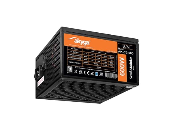 Zasilacz ATX 600W Akyga AK-C2-600 Semi-Modulaarinen P4+4 2x PCI-E 6+2 pin 5x SATA 3x Molex FAN 12cm