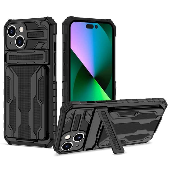 iPhone 14 Plus & 15 Plus - Hårt Skal med Korthållare och Ställ för Bästa Skyddet och Bekvämligheten
