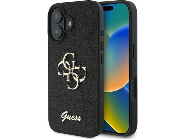 Guess PU Fixed Glitter 4G Metal Logo Apple iPhone 16 Plus dėklas telefonui juodos spalvos