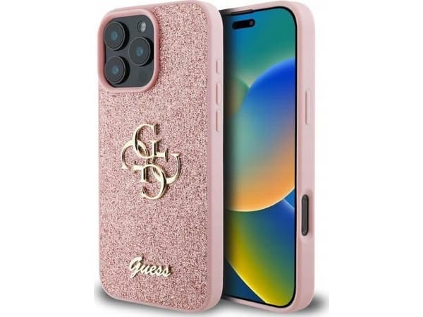 Guess PU Fast Glitter 4G Metall Logo Apple iPhone 16 Pro Max fodral rosa