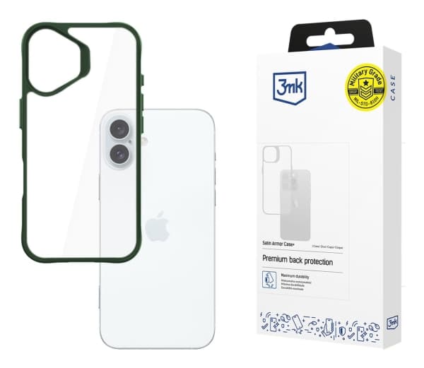 3MK Satin Armor Case+, Omslag, Apple, iPhone 16 Plus, 17 cm (6.7"), Grön, Transparent