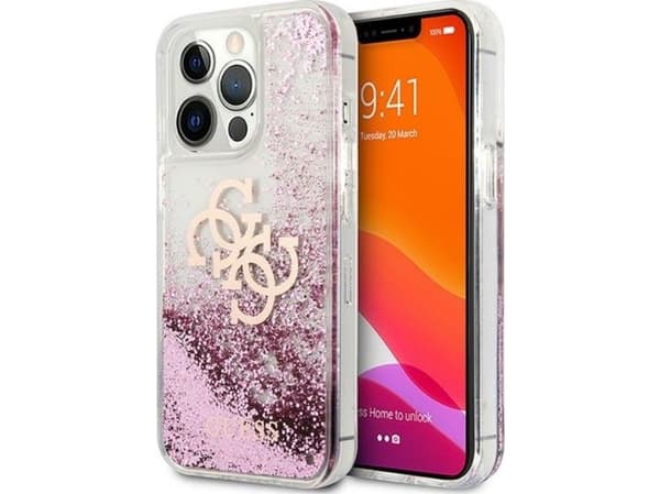 Originalt Apple iPhone 13 Pro Max Guess Hardcase 4G Big Liquid Glitter (GUHCP13XLG4GPI) telefondeksel rosa farge