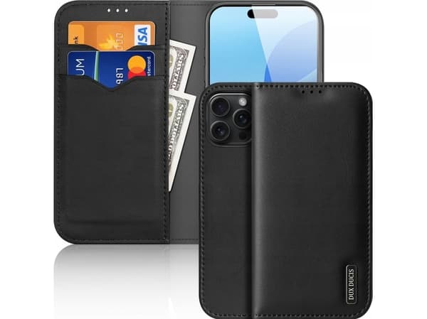 Dux Ducis Dux Ducis Hivo-deksel til iPhone 16 Pro med klaff og RFID-beskyttelse - sortering
