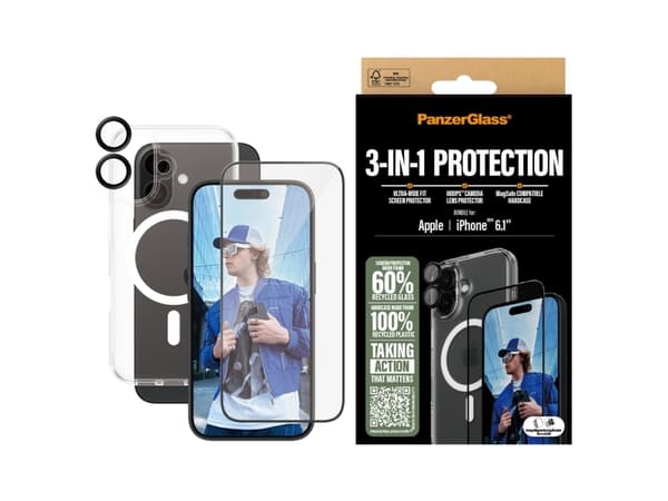 PanzerGlass - 3-i-1 beskyttelsespakke - baksidedeksel for mobiltelefon - ultrabred passform med EasyAligner - MagSafe-samsvar - resirkulert plast, po