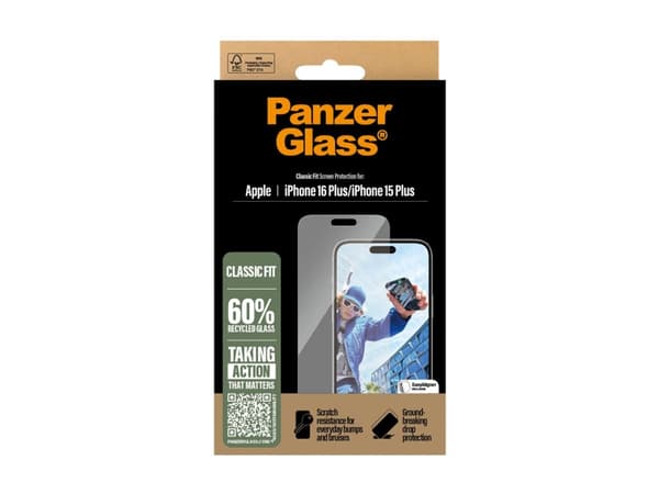 PanzerGlass - Skjermbeskyttelse for mobiltelefon - klassisk passform - glass - for Apple iPhone 15 Plus, 16 Plus