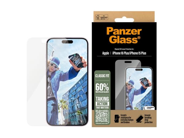 PanzerGlass - Skjermbeskyttelse for mobiltelefon - klassisk passform - glass - for Apple iPhone 15 Plus, 16 Plus